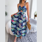 Eloise - Blue Floral Cutout Halter Dress